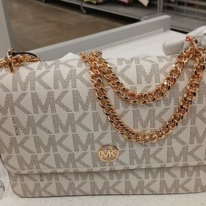 MICHAEL KORS Cream MK Logo Shoulder Bag with Gold Chain